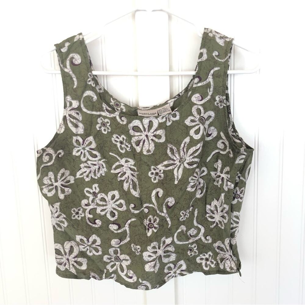 Vintage Y2K 90s Silk Floral Crop Top Tank Sage Green Purple White Abstract Funky